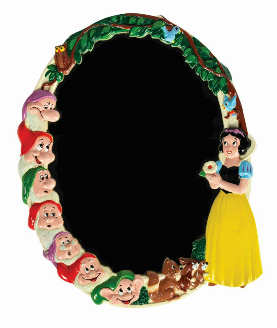 Snow White and the Seven Dwarfs Mirror.: (Disneyland Hotel, c.1970s) A whimsical vintage Snow White and the Seven Dwarfs figural mirror manufactured by Sentinel Creations and sold at the Disneyland Hotel's giftshops. The molded plastic frame