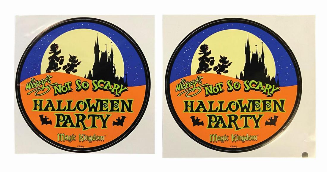Pair of Mickey's Not So Scary Halloween Party Decals.: (Walt Disney World, 2002) A pair of decals for Mickey's Not So Scary Halloween Party. Featuring Goofy and Mickey in costume approaching Cinderella Castle in silhouette, the decals read "Mickey's No So