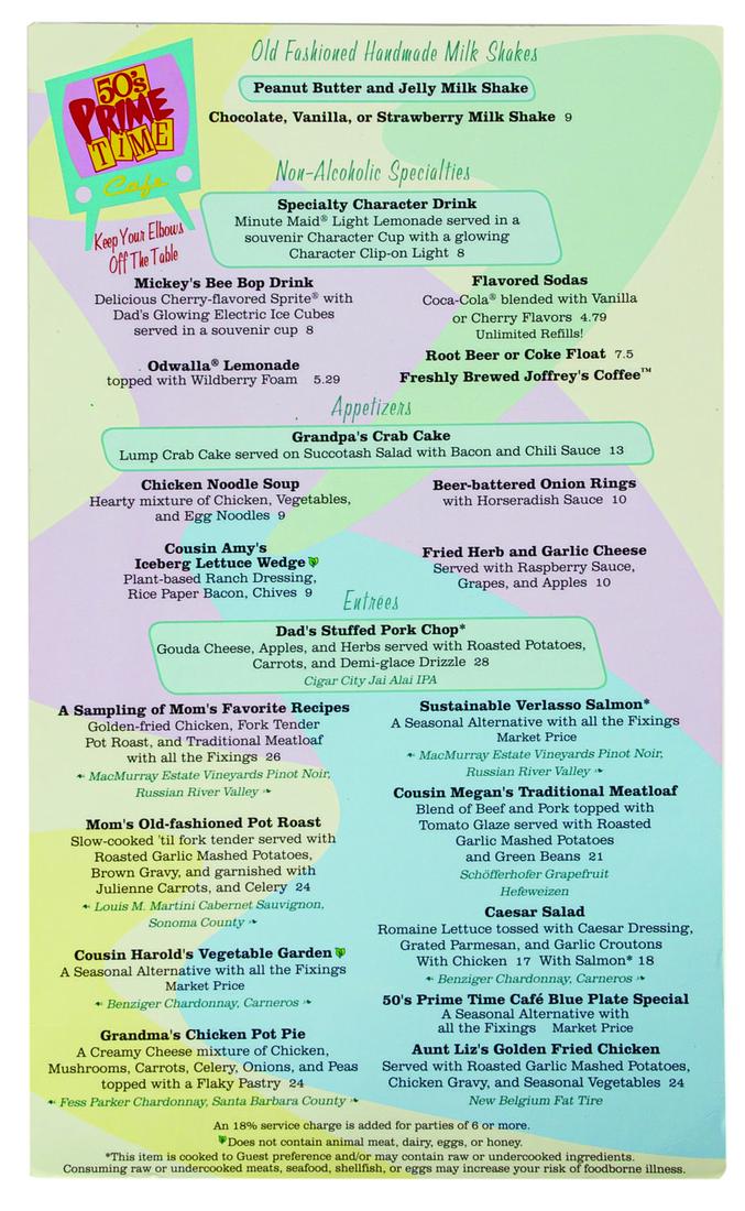 50's Prime Time Cafe Menu.: (Disney-MGM, c.2010s) A menu from the retro-themed 50's Prime Time Cafe at Disney's Hollywood Studios in Walt Disney World. The double-sided glossy card stock menu features soft drinks, appetizers, an