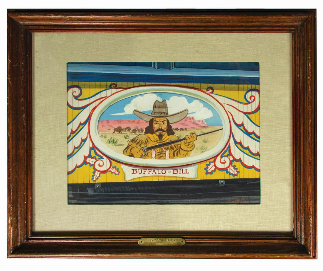 Buffalo Bill Concept Art from Annie Get Your Gun.: (MGM, 1950) An original concept painting for the Western musical, Annie Get Your Gun. The artwork is a concept for a mural on the train for Buffalo Bill's Wild West traveling show. Accomplished in gou