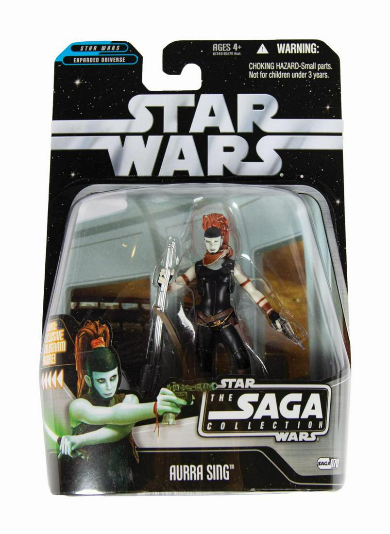 Aurra Sing Sample Star Wars Action Figure.: (Hasbro, 2006) A carded pre-production sample Aurra Sing action figure from the Hasbro Star Wars Saga Collection line. Based on this sample, Hasbro gave instructions that the action figure was to be p