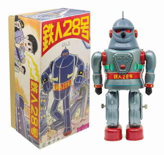 Gigantor aka Tetsujin 28-go Mechanized Toy Robot.: (Osaka Tin Toy, 1990s) A battery operated mechanized Tesujin 28-go tin toy manufactured by the Osaka Tin Toy Institute. When activated, the iconic manga character's eyes light up as the legs move and