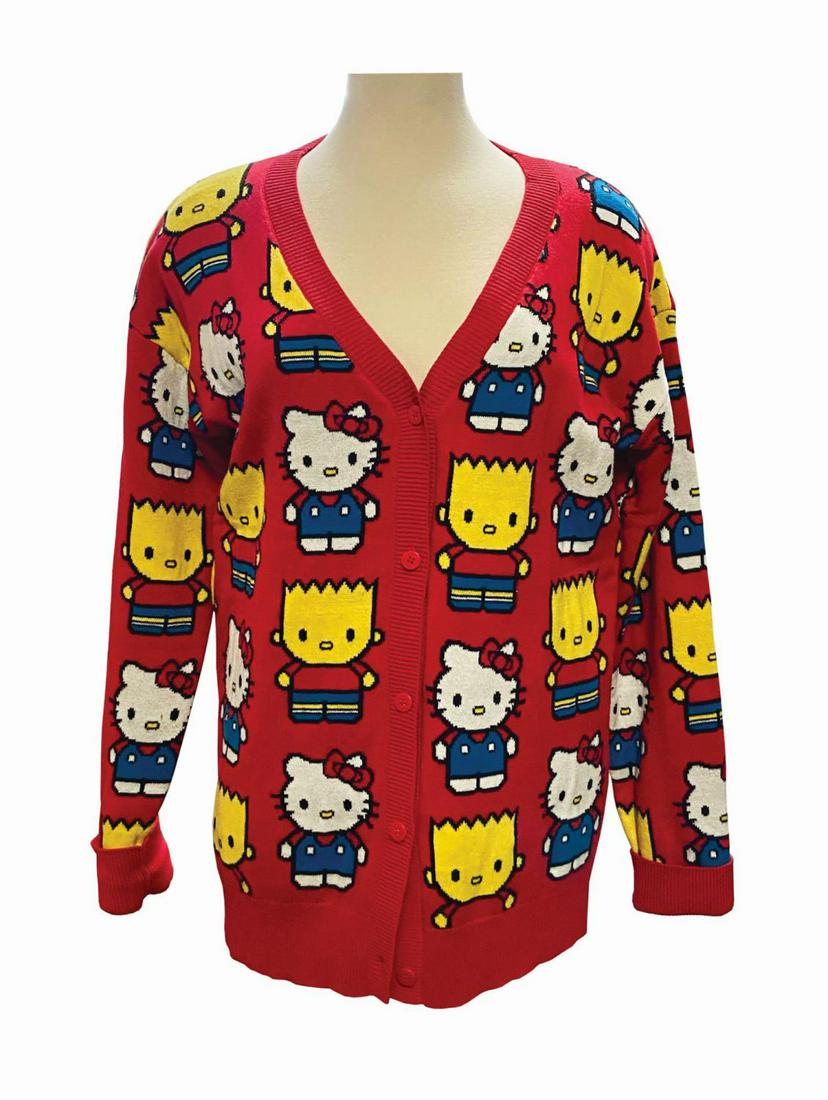 Nancy Cartwright's The Simpsons & Hello Kitty Cardigan.: (Fox/JapanLA, 2014) A red cardigan sweater by JapanLA featuring a knit graphic pattern depicting Hello Kitty and Bart Simpson (rendered in the kawaii Sanrio style). The sweater comes from the personal