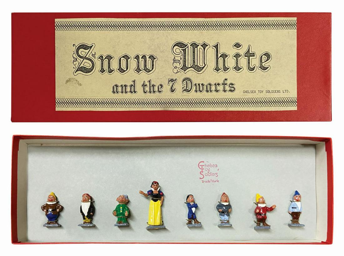 Set of (8) Snow White and the Seven Dwarfs Figures.: (Chelsea Toy Soldiers, c.1980s) A collection of (8) metal figures featuring Snow White and the Seven Dwarfs. Based upon a set which was originally released in the 1930s, this replica is hand-painted a
