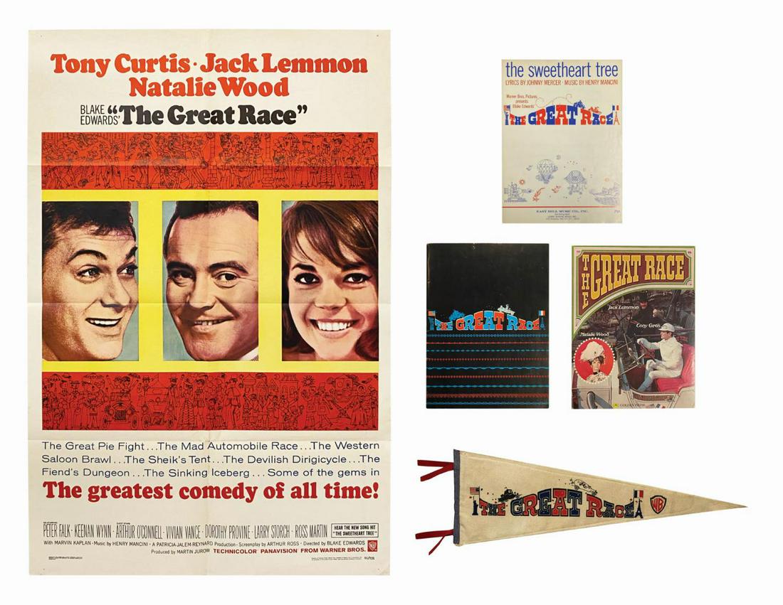 Set of The Great Race Promotional Items.: (Disney, c.1965) A set of promotional items for the Jack Lemmon & Tony Curtis comedy, The Great Race. The set includes a 1-sheet poster, pennant, music sheet, and two promotional books with small addi