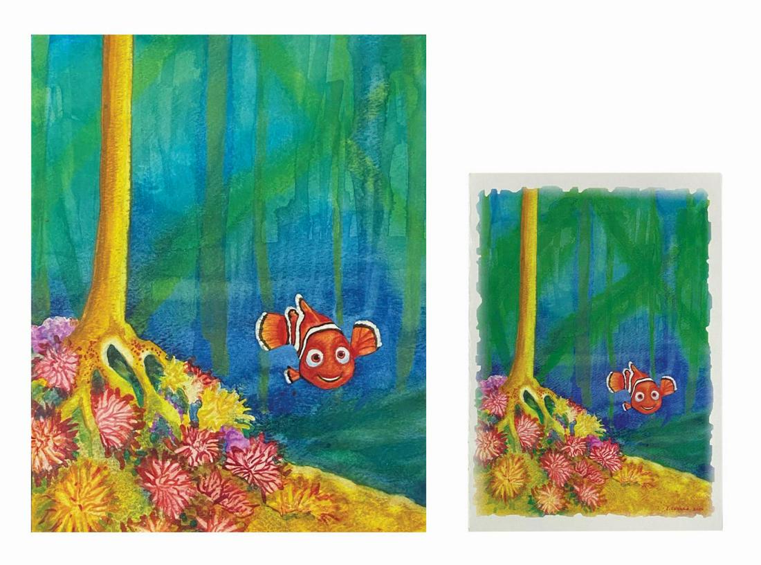 Finding Nemo The Musical Painting & Card.: (Animal Kingdom, 2006) An original watercolor painting of Nemo created for a card celebrating the premiere of Finding Nemo The Musical. This beautiful watercolor features Nemo against an underwater ba