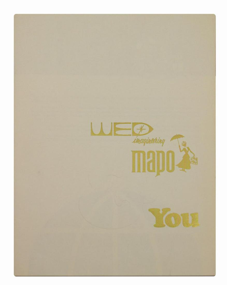 WED Mapo & You Orientation Guide.: (WDP, c.1980s) An orientation booklet issued to WED/MAPO employees titled WED/MAPO & You. The staple-bound 12-page guide introduces new hires to the Disney Way and addresses topics such as the first n