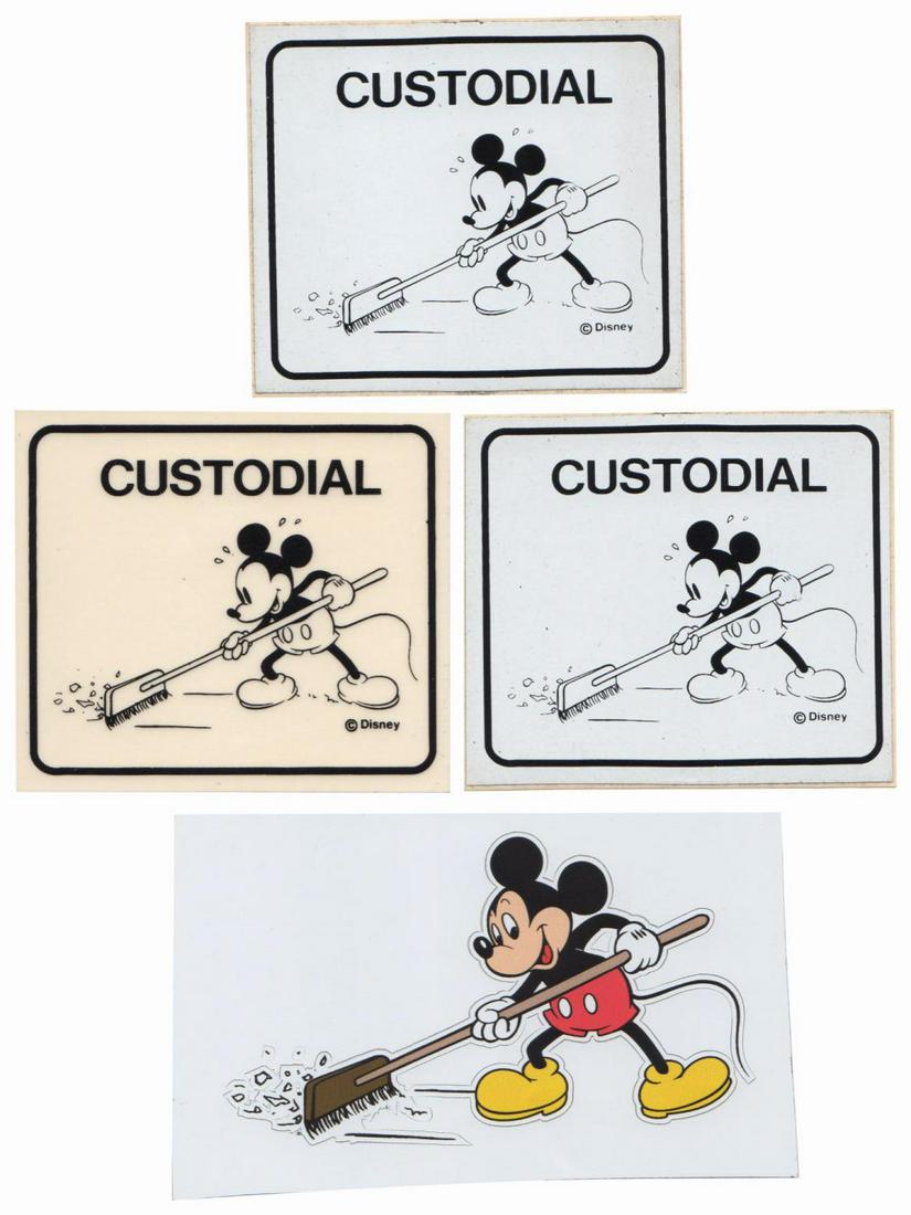 Set of (4) Custodian Mickey Graphics.: (Disneyland, c.1980s-90s) A collection of (4) Disneyland custodial decals featuring a sweeping Mickey. There are (3) black and white Mickey decals which read "Custodial" at the top, two of which are o