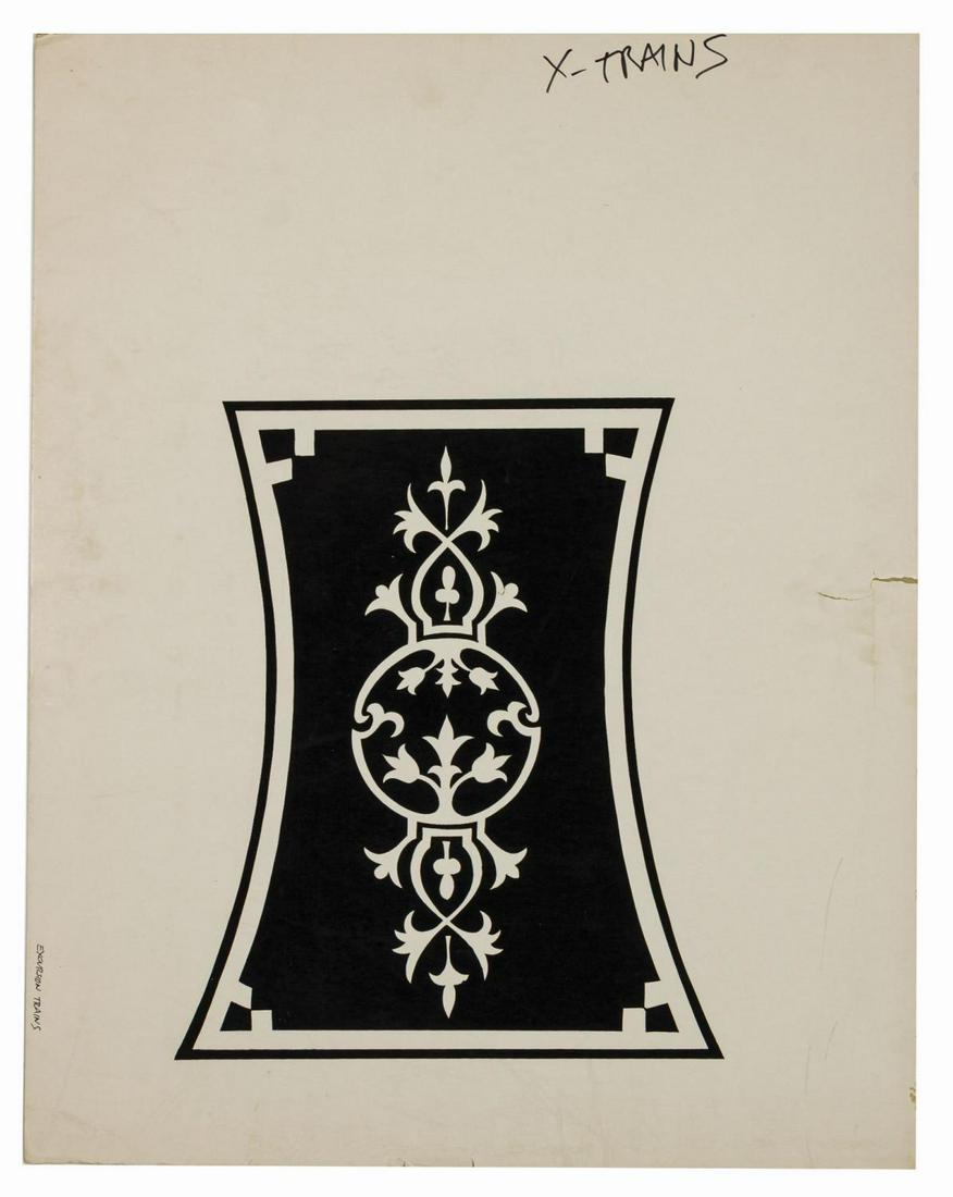 Disneyland Railroad Seat Decoration Artwork.: (Disneyland, c.1974) Artwork used in the development of the design for a seat capper panel from the Disneyland Railroad. This beautiful black and white development art features the familiar design sti