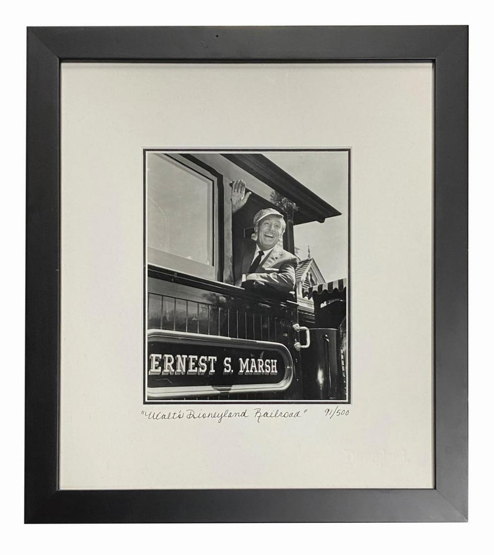 Walt's Disneyland Railroad Limited Edition Photo.: (Disneyland, 2000s) A limited edition photographic print from the Walt's Magic Kingdom Series titled "Walt's Disneyland Railroad." Captured August of 1966, the photo depicts Walt in the Ernest S. Mars