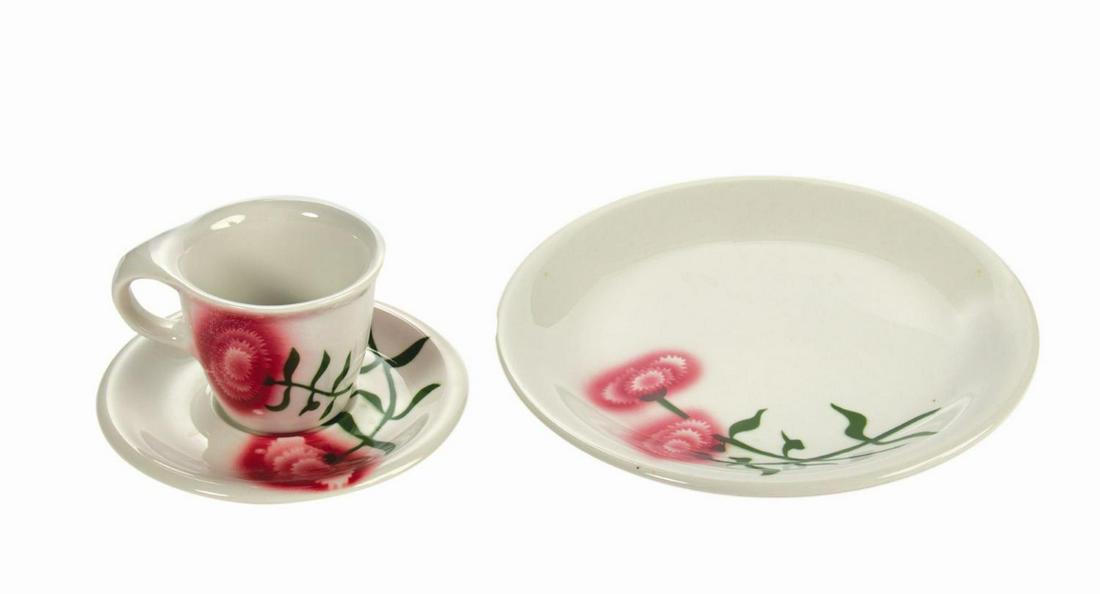 Carnation Ice Cream Parlor Cup, Saucer, and Plate.: (Disneyland, c.1950s) A rare park used dish set from the Carnation Ice Cream Parlor in Disneyland's Main Street, U.S.A. Manufactured by Russel Wright, the elegant Sterling China cup, saucer, and plate