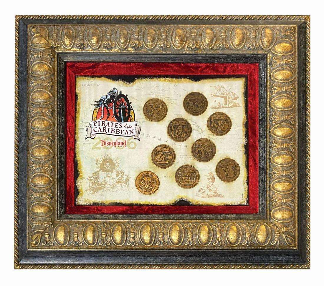 Set of (9) Pirates of the Caribbean Dining Coins.: (Disneyland, 2006) A rare complete set of (9) coins created to commemorate the Pirates of the Caribbean attraction and film franchise. These double-sided coins were available to park guests who dined 