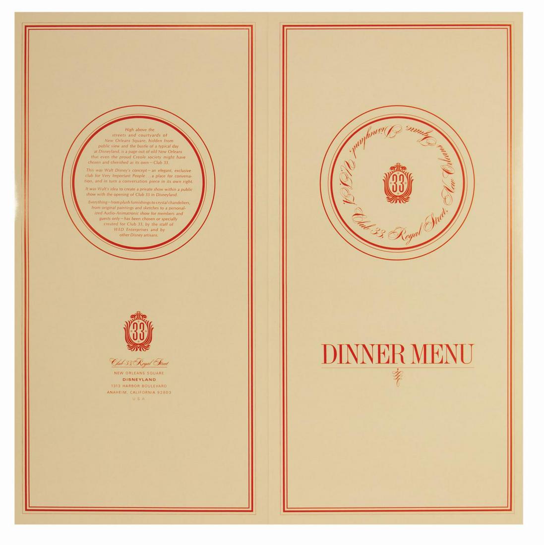 Club 33 Dinner Menu.: (Disneyland, c.1960s) An original dinner menu from the exclusive members-only establishment in Disneyland's New Orleans Square, Club 33. The bi-fold cardstock menu features club's art deco logo on the