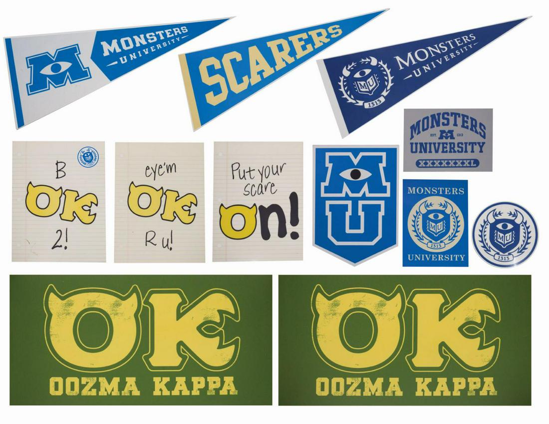 Collection of (12) Monster's University Props.: (California Adventure, c.2010s) A collection of (12) Monster's University Athletic and Greek System props from Monsters Inc. Mike & Sulley to the Rescue at California Adventure. All items are printed 