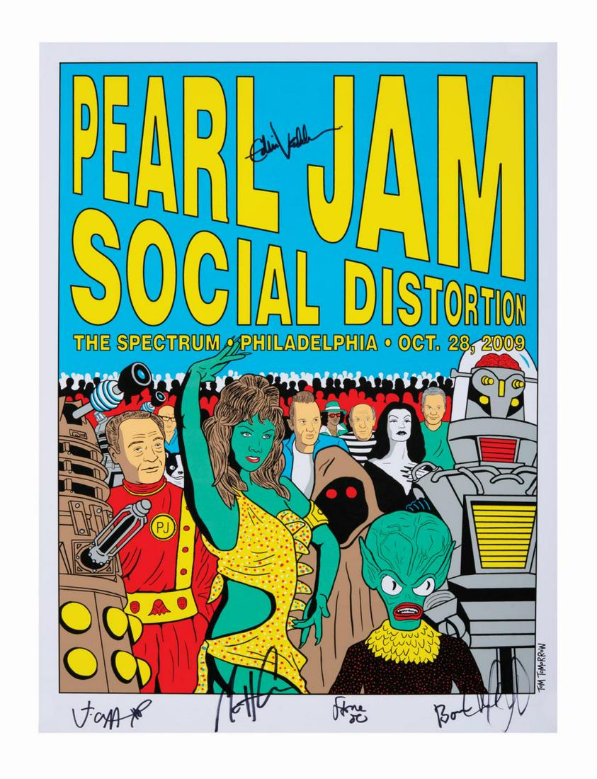 Pearl Jam 2009 Band-Signed Concert Poster from Philly.: A silkscreen concert poster for Pearl Jam with seminal punk band Social Distortion at the Spectrum in Philadelphia, Pennsylvania on October 8, 2009. Designed by Tom Tomorrow, the poster features color