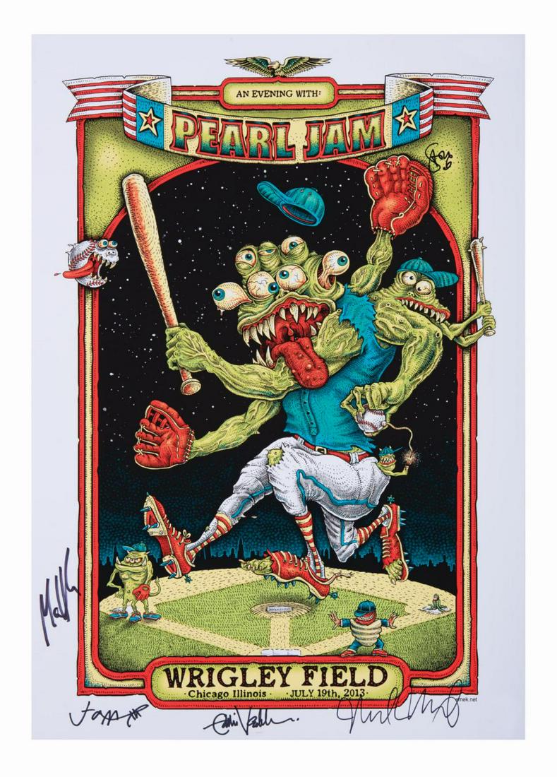 Pearl Jam 2013 Band-Signed Concert Poster from Chicago.: A color concert poster for An Evening with Pearl Jam at Wrigley Field in Chicago, Illinois on July 19, 2013. Designed by Emek Golan, the poster has been signed in black felt pen by all five current me