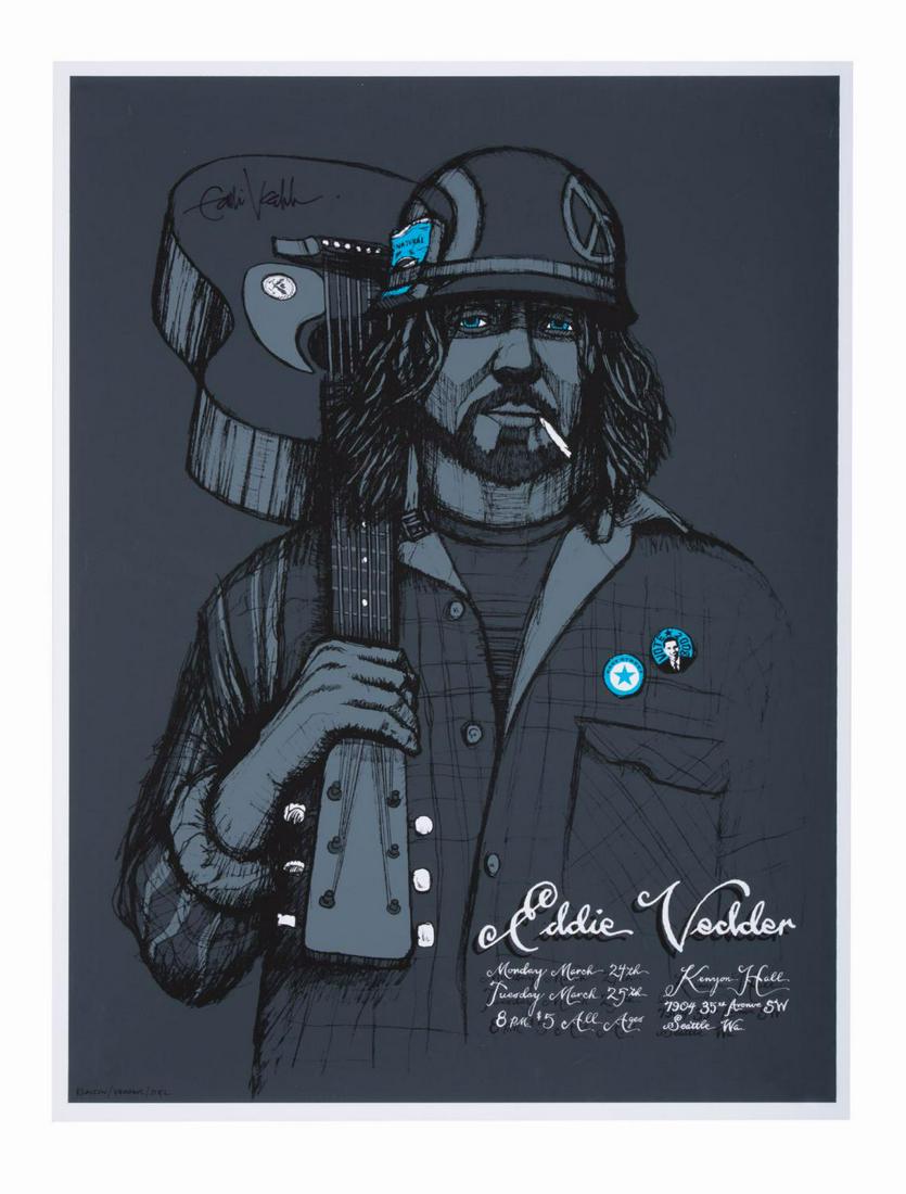 Eddie Vedder 2008 Signed Concert Poster from Seattle.: A silkscreen concert poster for Eddie Vedder at Kenyon Hall in Seattle, Washington March 24 and 25, 2008. Designed by Brad Klausen, the poster has been signed in black felt pen at upper left by the le