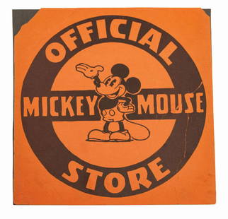 Official Mickey Mouse Store Sign.: (Disney, c.1930s) A printed paper logo sign from an "Official Mickey Mouse Store." Started as a promotion for stores that carried Mickey Mouse Club merchandise, the earliest versions of these signs