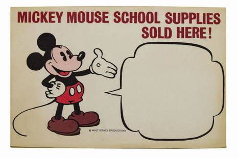 Mickey Mouse School Supplies Promotional Paper Pad.: (Disney, c.1930s) A promotional paper pad given as a premium to retailers of licensed Mickey Mouse school supplies. Each of the (23) tear-away pages features the slogan "Mickey Mouse School Supplies