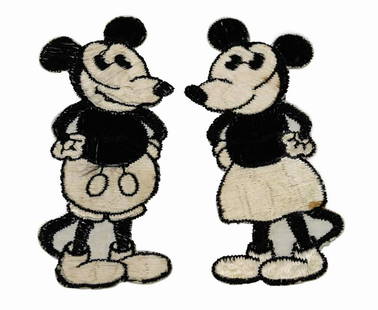 Mickey Mouse and Minnie Mouse Cigarette Silk Patches.: (Turmac, c.1930s) A pair of embroidered silk patches included in packs of Turmac cigarettes in the 1930s. Much like early baseball cards, tobacco companies included collectible patches in packs of