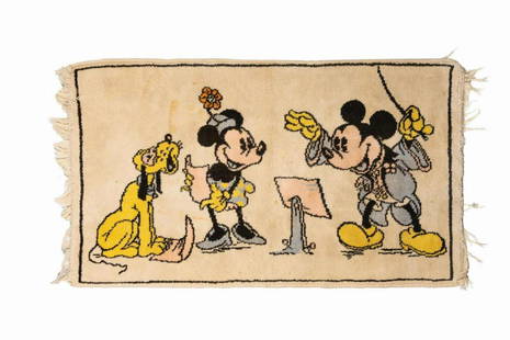 Mickey, Minnie, and Pluto Singing Tapestry Rug.: (Disney, c.1950) A vintage woven tapestry rug depicting Mickey Mouse conducting Minnie Mouse and Pluto. The piece retains tiny remnants of a label stapled to the reverse at upper left. Measuring