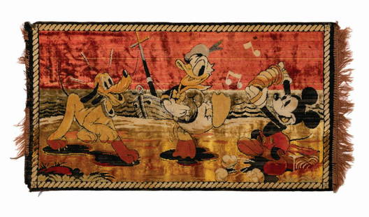 Mickey, Donald, & Pluto on the Beach Tapestry Rug.: (Disney, c.1930s) A vintage velveteen tapestry rug manufactured in Italy. Depicting Donald Duck, and Pluto dancing on the beach to the music from Mickey Mouse's squeezebox, the tapestry measures