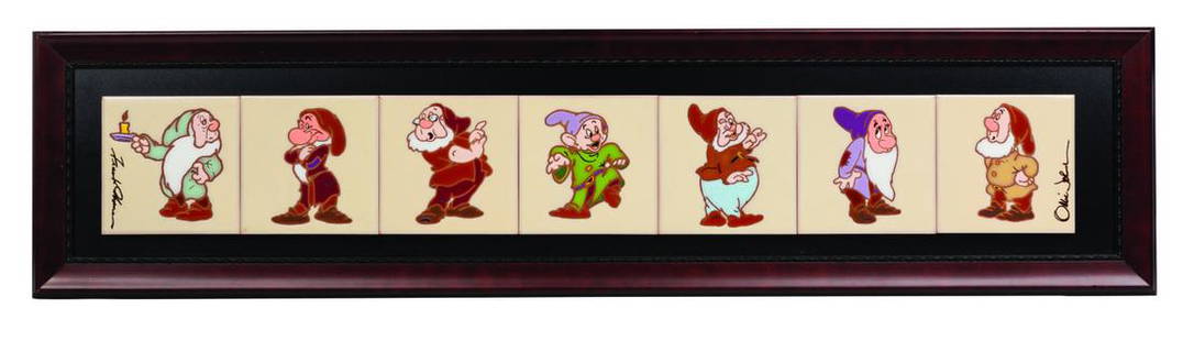 Frank & Ollie Signed Seven Dwarfs Tile Set.: (Disney, 2000) A limited edition set of (7) mounted titles depicting the Seven Dwarfs. Manufactured by White Horse Studio, the tiles were created in honor of Frank Thomas and Ollie Johnston's