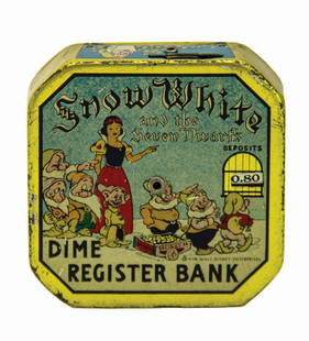 Snow White Dime Register Bank.: (Disney, 1938) A vintage Snow White Dime Register Bank. The tin-litho coin bank depicts Snow White and the Seven Dwarfs on the front, and features an embedded reel counter that changes when dimes are