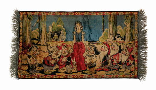 Snow White and the Seven Dwarfs Tapestry Rug.: (Disney, 1938) A vintage Italian velveteen tapestry rug depicting Snow White and the Seven Dwarfs in the forest. The tapestry retains Made in Italy and "Made by Permission Walt Disney Style N." paper