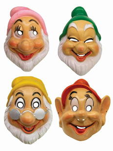 Set of (4) Dwarf Masks by Cesar of France.: (Cesar, c.1970s) A set of (4) Seven Dwarfs vacuum-form PVC masks created by French manufacturer Cesar. The half-shell masks include Doc, Dopey, Bashful, and Happy. The elastic strings that attach the