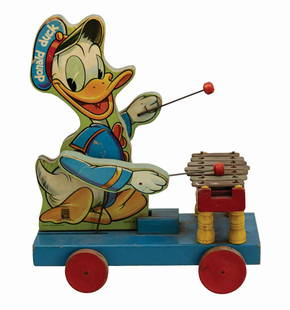 Fisher-Price Donald Duck Xylophone Pull-Toy.: (Fisher-Price, c.1940s) A Donald Duck Xylophone pull-toy manufactured by Fisher-Price. Consisting of a four-wheeled wooden cart with a wooden Donald cutout holding mallets over a metal xylophone, the