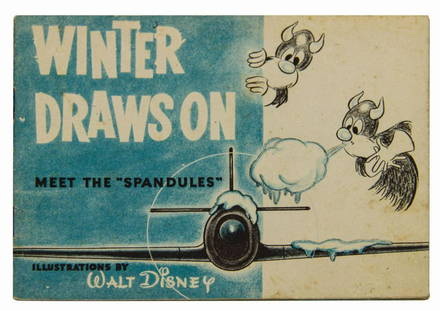 Winter Draws On Illustrated WWII Training Booklet.: (Disney, 1943) An original copy of Winter Draws On, a rare WWII-era military publication featuring drawings by the Walt Disney Studios. The small handbook contains safety procedures for flying in