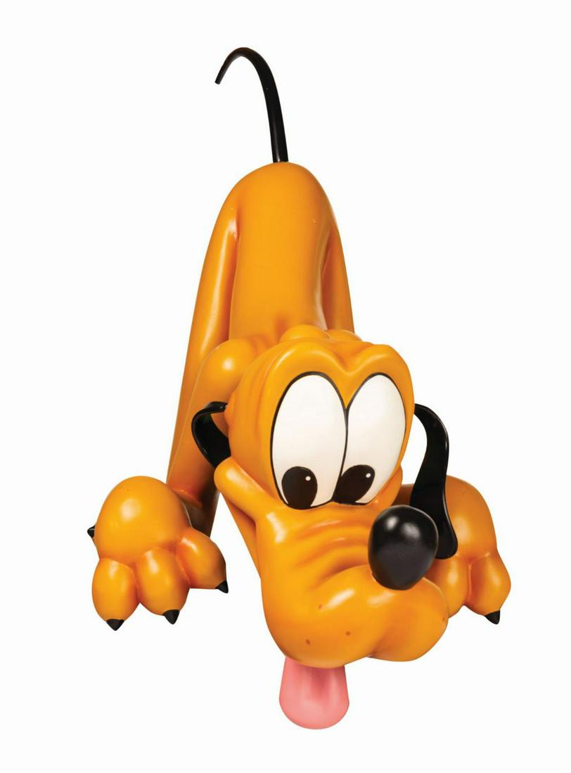 Disney Store Display Featuring Pluto.: (Disney, c.1990s) A large painted fiberglass Disney Store display figure of Pluto. A mounting bracket on Pluto's foot secured him overhead as he peered down at the store's guests. Measuring approximat