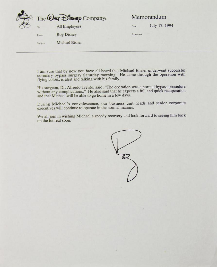 Roy Disney Memo Relaying Eisner's Coronary Bypass. (1 of 1)