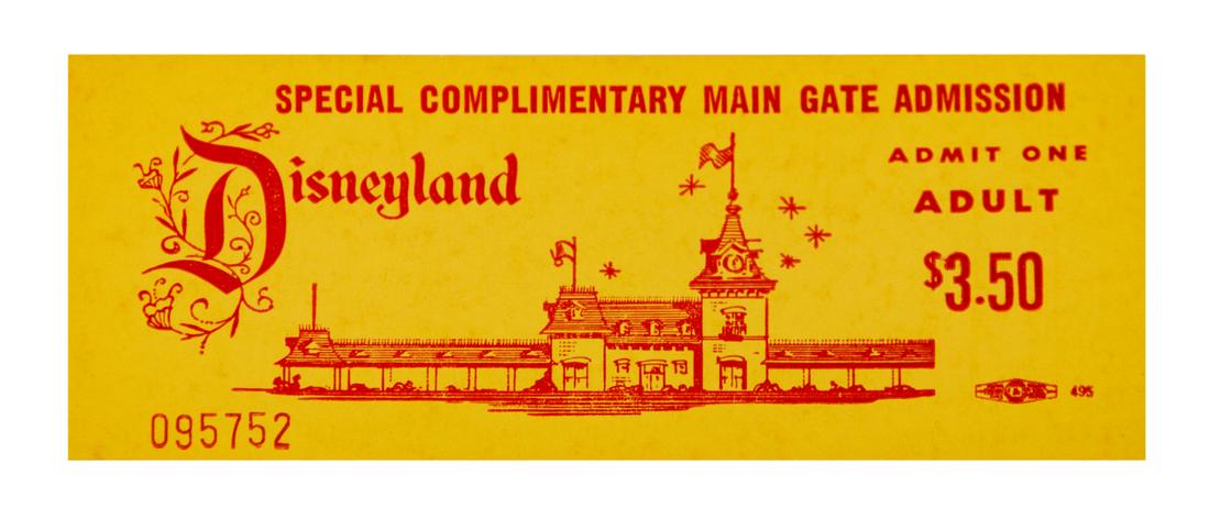 Disneyland Special Complimentary Adult Ticket.: (Disneyland, c.1969) A vintage Disneyland Special Complimentary Main Gate Adult Admission ticket. The ticket has a face value of $3.50 and bears the serial number "095752." Never used, the ticket is s