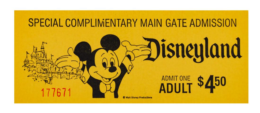 Disneyland Special Complimentary Adult Ticket.: (Disneyland, c.1970s) A vintage Disneyland Special Complimentary Main Gate Adult Admission ticket. The ticket has a face value of $4.50 and bears the serial number "177671." Never used, the ticket is 