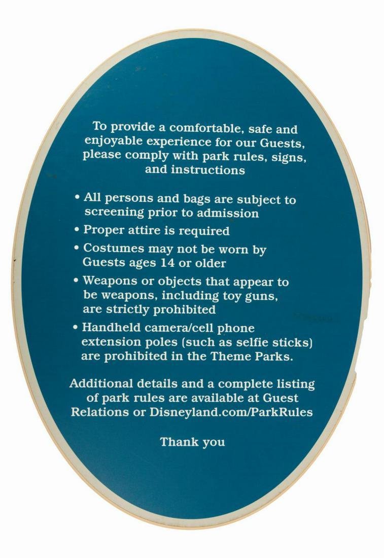 Disneyland Park Rules Sign.: (Disneyland, 2010s) A Park-used sign listing the official Disneyland Park rules. Signs like these are posted near all entrances and inform guests of various official policies pertaining to security pr