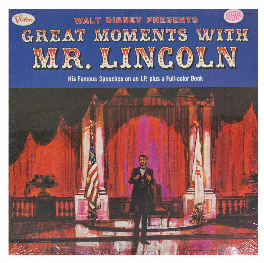 Great Moments with Mr. Lincoln Stereo Record.: (Disneyland, 1964) A vintage Walt Disney Presents Great Moments with Mr. Lincoln 33rpm vinyl LP in Stereo. The record features the voice of Royal Dano performing excerpts from Abraham Lincoln's greate