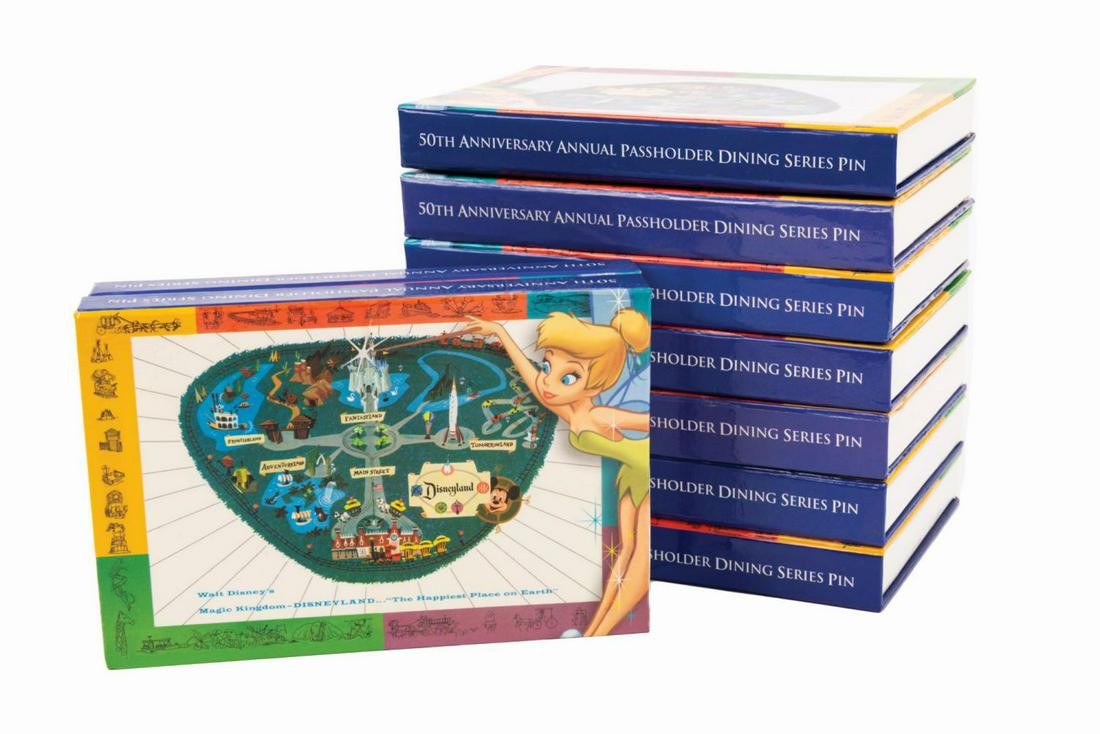 Set of (9) "5 Decades of Disney Dining" Pins.: (Disneyland, 2005) A set of (9) enamel cloisonne pins exclusively available to Disneyland Annual Passholders saluting "5 Decades of Disney Dining." The set features tributes to The Golden Horseshoe, C