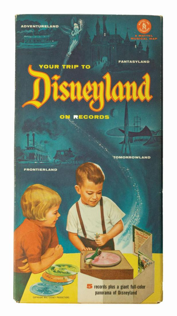 "Your Trip to Disneyland" Musical Map.: (Mattel, 1955) A Your Trip to Disneyland illustrated map and record set manufactured by Mattel. This early licensed Disneyland merchandise features music themed after each of the original Park lands.