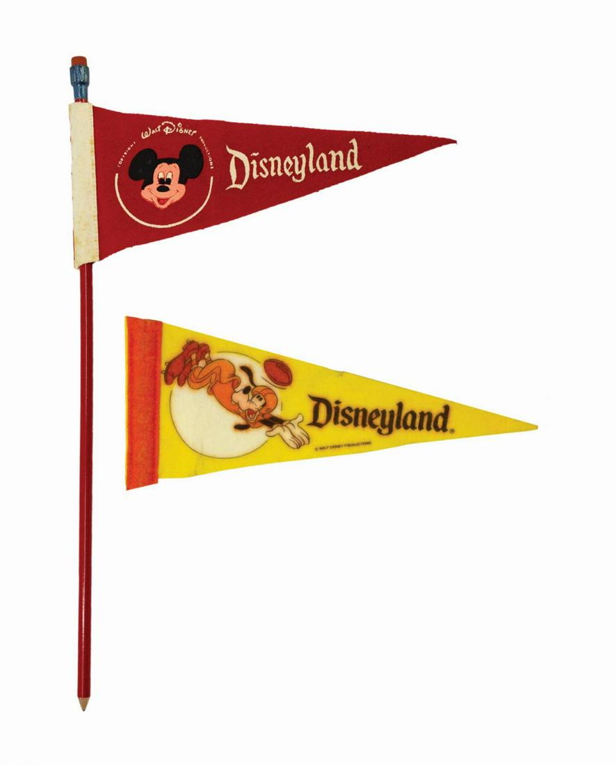 Pair of Disneyland Souvenir Pencil Pennants.: (Disneyland, c.1960s-1970s) A pair of small vintage Pencil Pennants once available where souvenirs were sold at Disneyland. Disneyland often hosted college football teams during the 1960s and 1970s, a