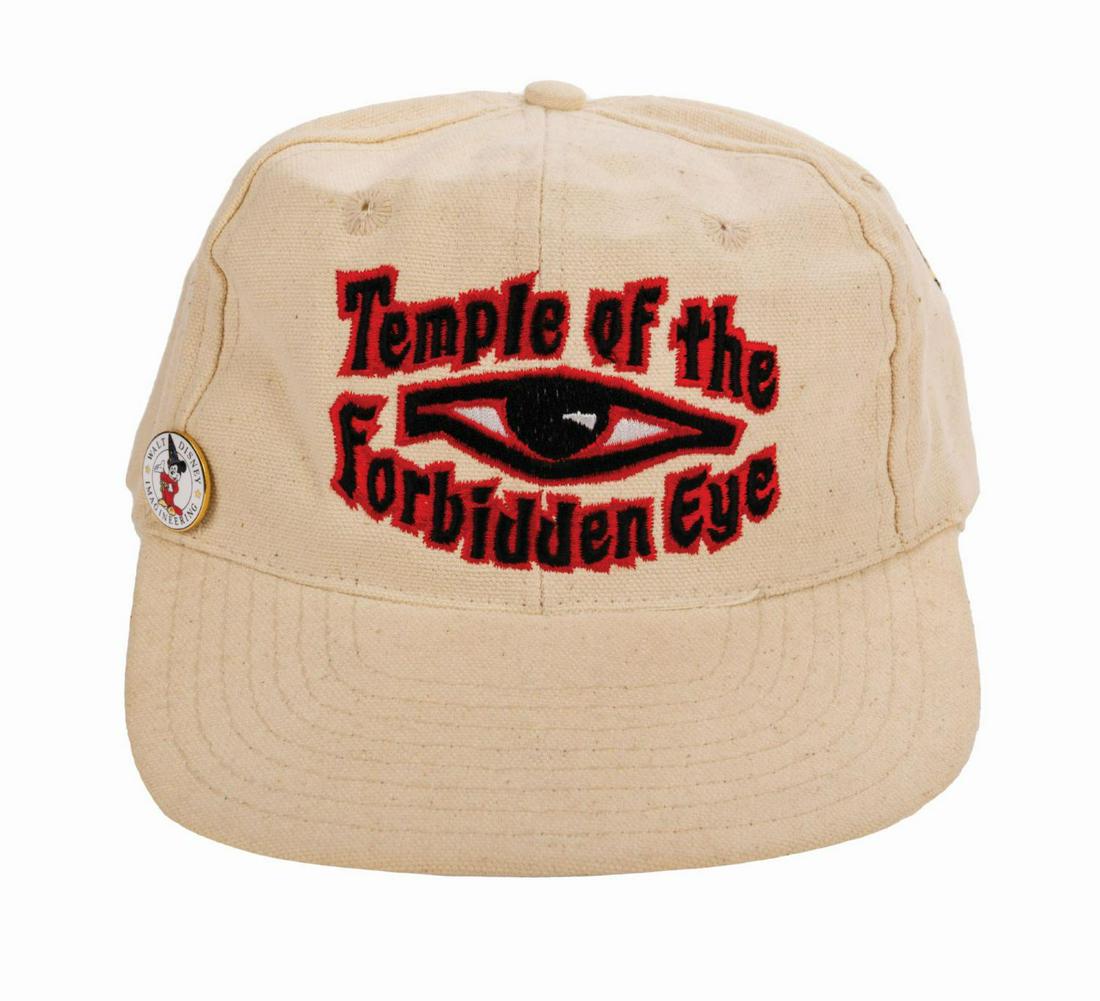 Temple of the Forbidden Eye Hat & Imagineering Pin.: (Disneyland, c.1994) Do not look into the eye of Mara embroidered prominently atop this "Temple of the Forbidden Eye" Imagineering hat. The back of the hat features the "Indiana Jones Adventure Disney