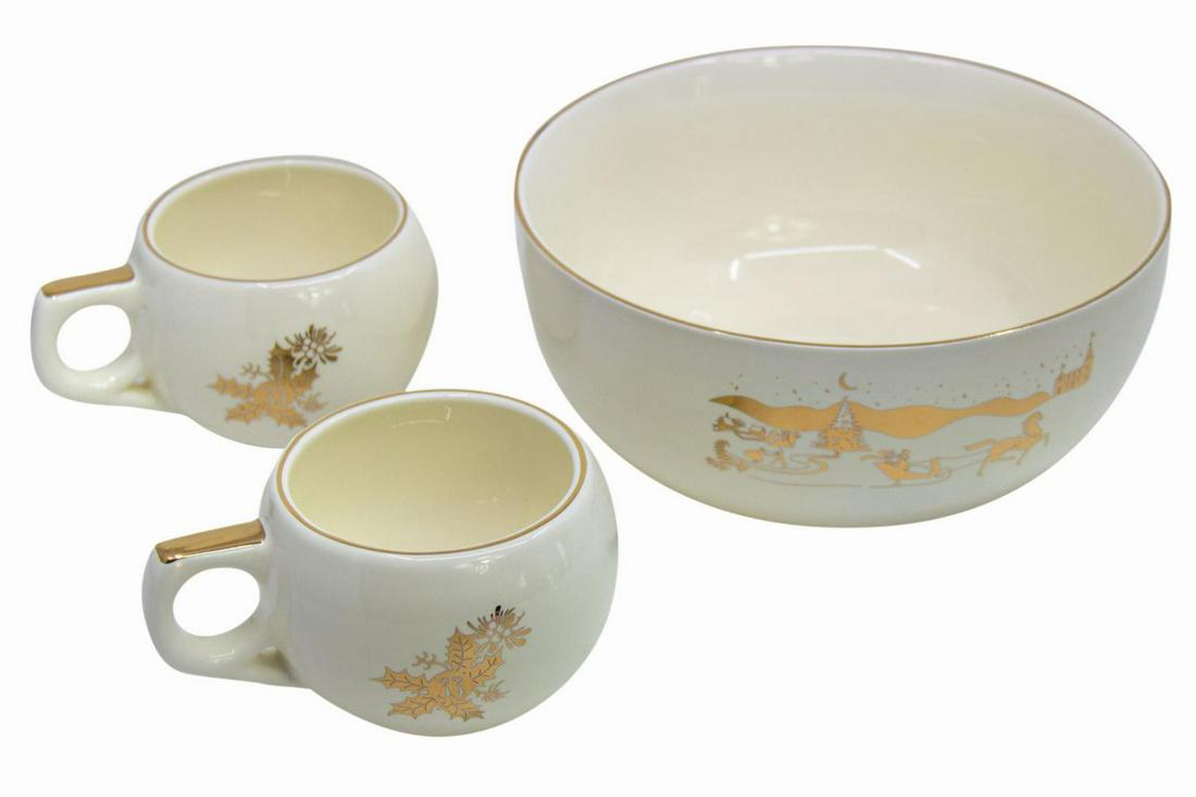 Club 33 Tom and Jerry Serving Set.: (Disneyland, c.2020s) A Club 33 exclusive Tom and Jerry serving set. Consisting of a ceramic punch bowl and a pair of matching mugs with festive metallic design accents, the set is modeled on Walt Dis