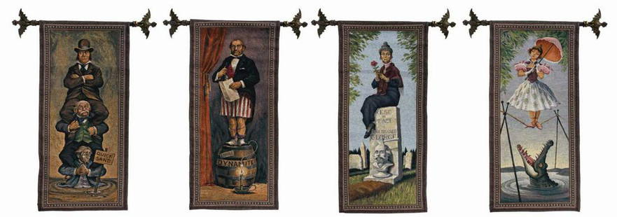 Set of (4) Haunted Mansion Limited Edition Tapestries.: (Disneyland, 2005) A highly detailed set of (4) woven limited edition replicas of Disney Legend Marc Davis' "stretching portraits." The cotton tapestries come with iron hanging rods decorated with