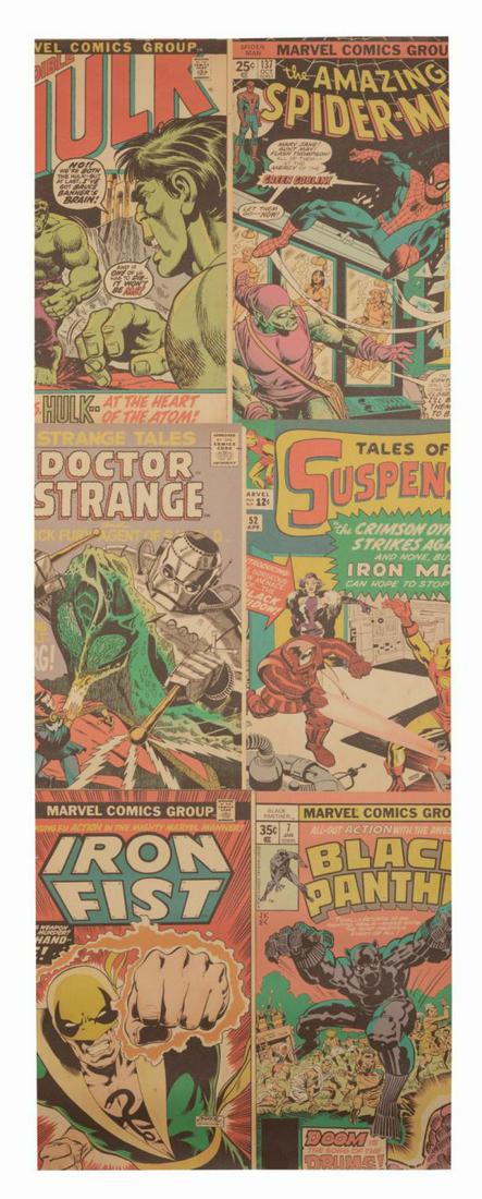 Super Hero HQ Marvel Comics Wallpaper.: (Disneyland, 2015) A segment of wall paper created for the Super Hero HQ in Disneyland's Tomorrowland. The printed wallpaper features cover images of classic Marvel comics including The Incredible Hul