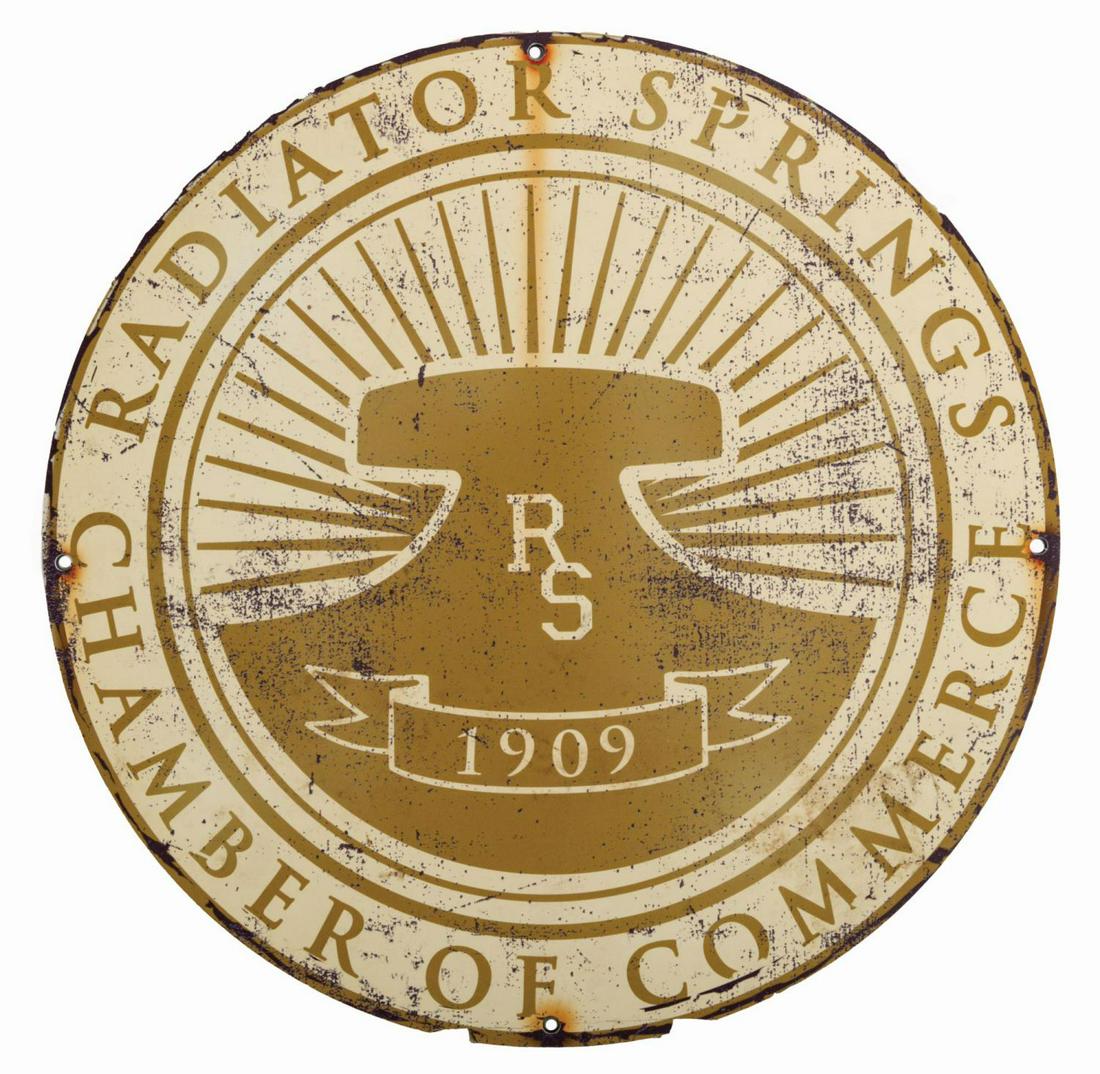 Cars Land Radiator Springs Chamber of Commerce Sign.: (California Adventure, 2012) A park-used Radiator Springs Chamber of Commerce sign from Cars Land in Disney California Adventure. The printed paper and PVC board sign features the fictional town's Cha