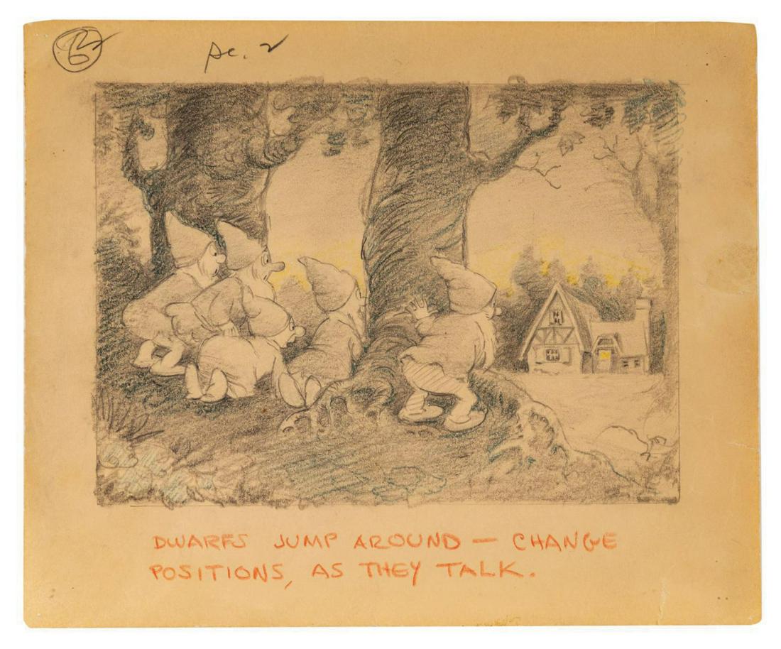 Snow White and the Seven Dwarfs Storyboard Drawing.: (Disney, c.1937) An original Snow White and the Seven Dwarfs storyboard drawing. The Dwarfs return from the Diamond Mine only to notice there's "trouble a-brewin'" at their little woodland cottage. Th