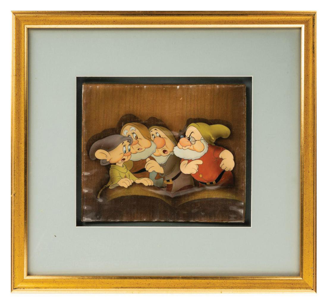 Snow White and the Seven Dwarfs Production Cel Set-Up.: (Disney, 1937) An original production cel set-up from Snow White and the Seven Dwarfs. In this sequence, the Dwarfs first meet Snow White when they find her asleep in their home. The cel has been slig