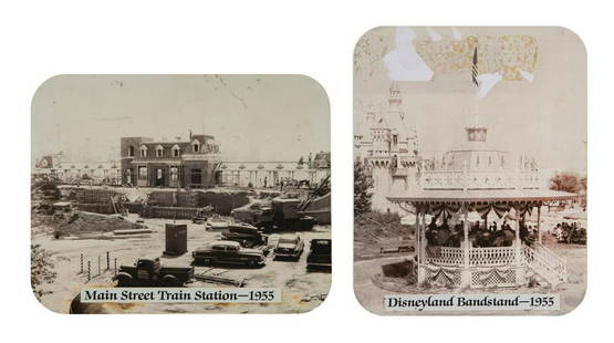 Pair of 1955 Disneyland Photos.: (Disneyland, c.1980s) A pair of oversized photo prints mounted to board that commemorate historic moments during the Park's opening year. The photos depict the construction of the Main Street Station