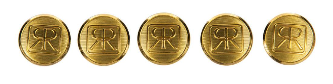 Set of (5) Retlaw Disneyland Railroad Buttons.: (Disneyland, c.1974-82) A set of (5) rare uniform buttons for Cast Members working on the Disneyland Railroad during its time under Retlaw Enterprises ownership. Retlaw Enterprises, which is "Walter"